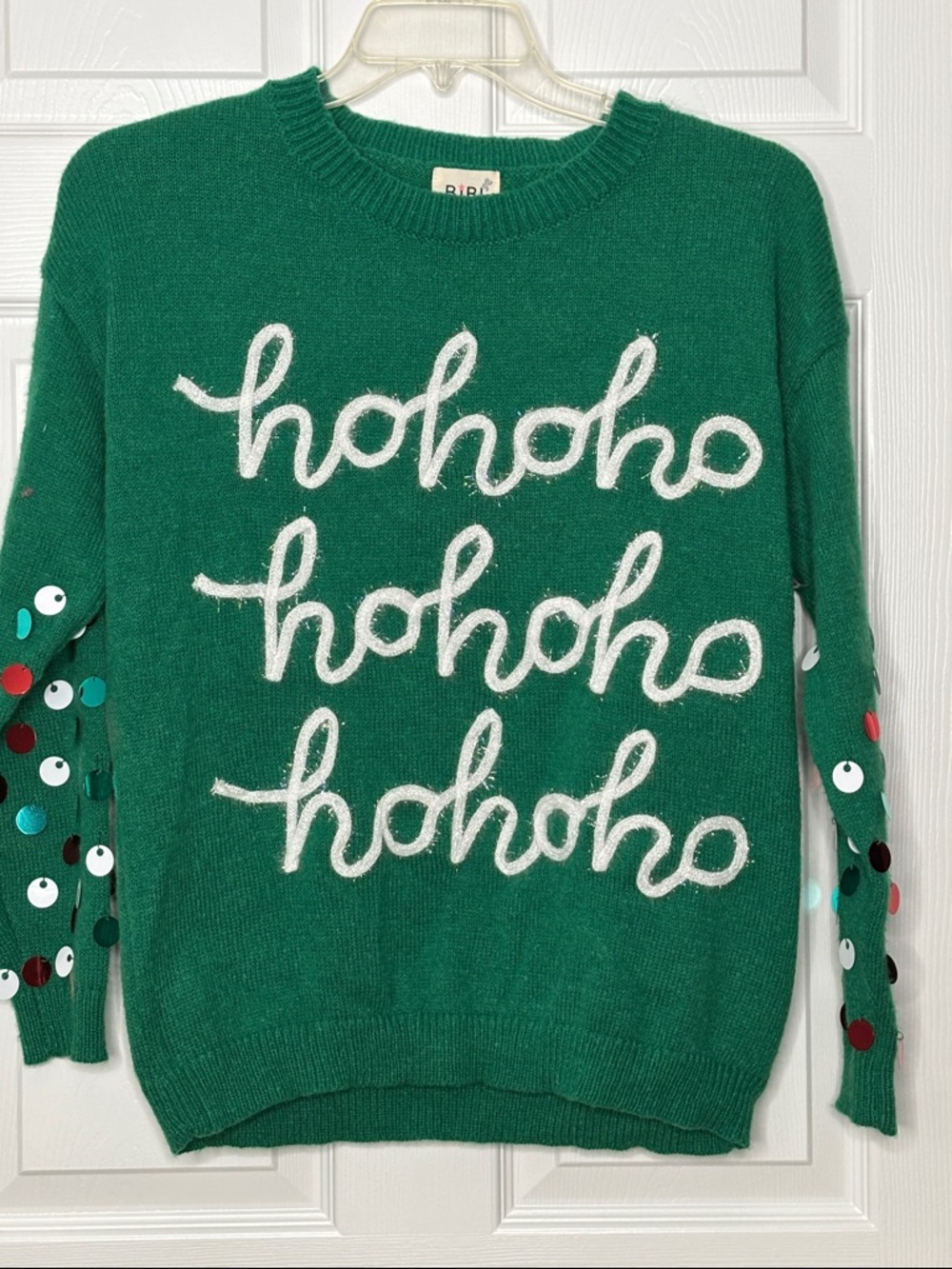 BiBi Green 'hohoho' Sequin-Sleeve Women's Sweater Size Small